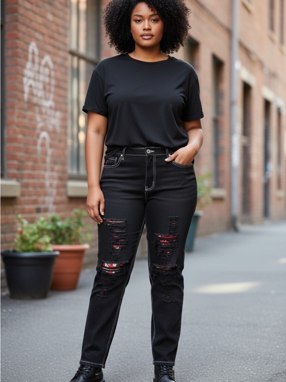 Black upcycled Ashley Stewart 24 Ripped Women’s Jeans stretch.
